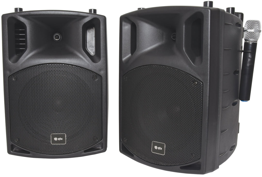 Equipo de sonido portátil QTX PAV10 con micrófonos UHF, Bluetooth y DVD