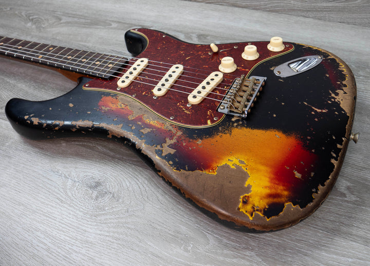 Fender Custom Shop Limited Edition Roasted '61 Strat Super Heavy Relic Guitar, Rosewood Fretboard, Aged Black over 3-Colour Sunburst