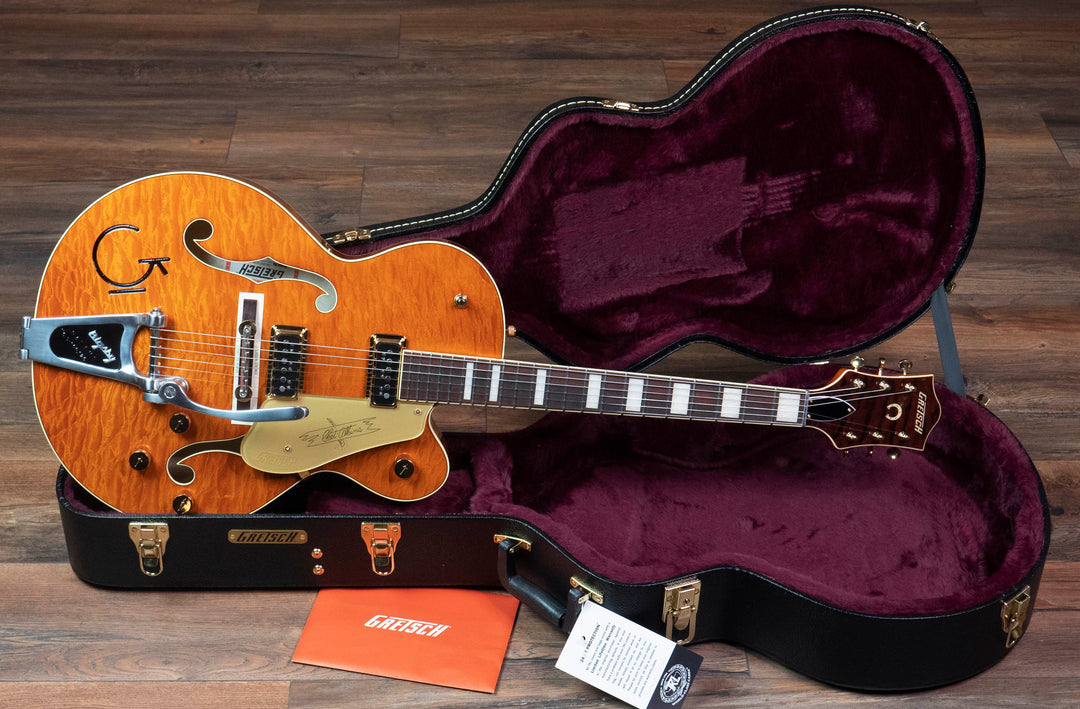 Gretsch G6120TGQM-56 Édition limitée Quilt Classic Chet Atkins Hollow Body avec Bigsby, laque teintée Roundup Orange