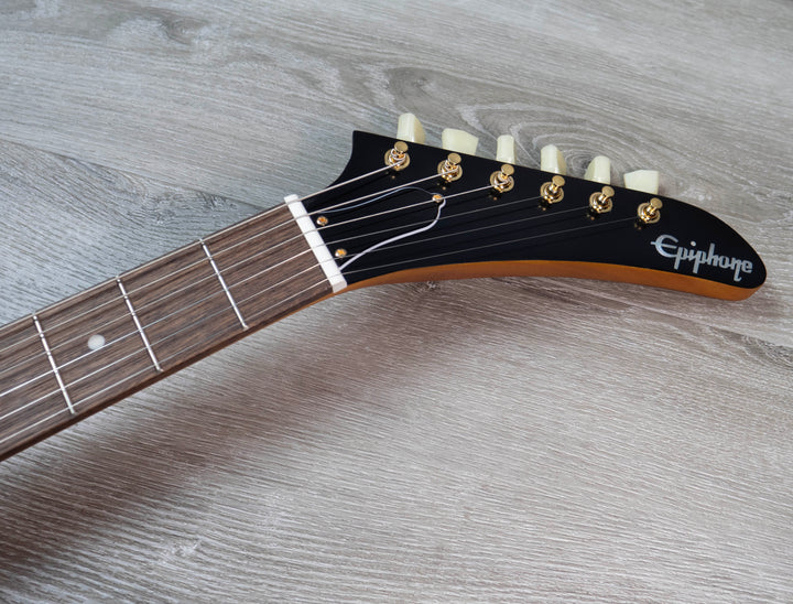 Epiphone inspiré par Gibson 1958 Korina Explorer (Pickguard blanc), naturel vieilli