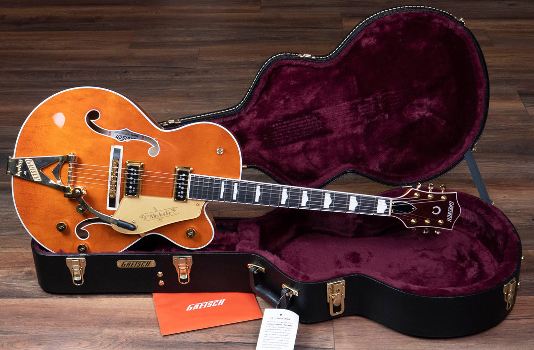 Gretsch G6120TG-DS Players Edition Nashville Hollow Body DS with String-Thru Bigsby and Gold Hardware, Ebony Fingerboard, Roundup Orange