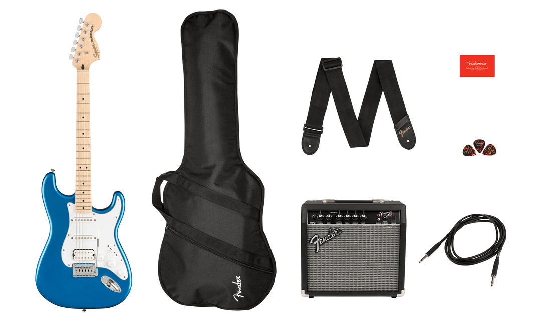 Squier Affinity Series Stratocaster HSS Pack, diapasón de arce, azul Lake Placid, funda de transporte, Frontman 15G