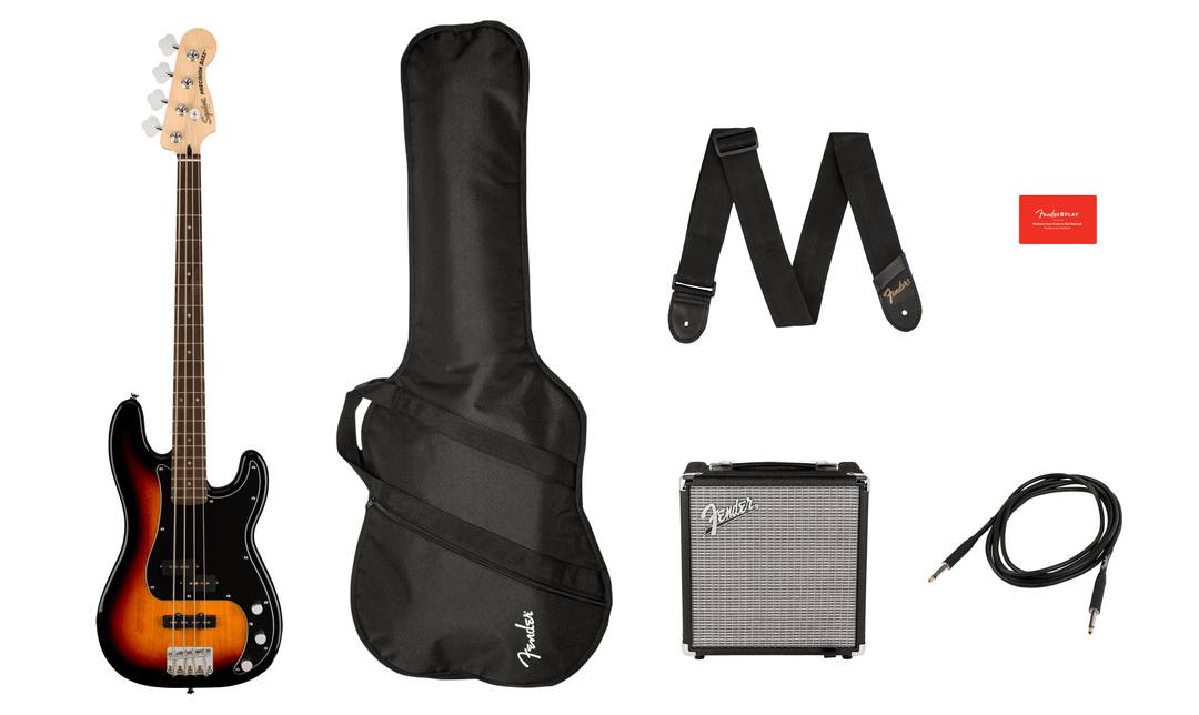 Paquete de bajos Squier Affinity Series Precision Bass, diapasón de laurel, Sunburst de 3 colores, funda de transporte, Rumble 15