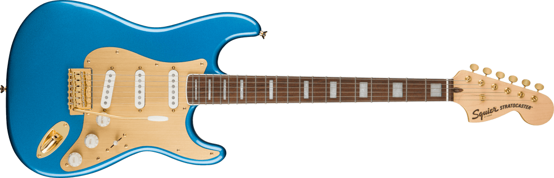 Squier Stratocaster 40th Anniversary, edición Gold, diapasón de laurel, golpeador anodizado dorado, azul Lake Placid