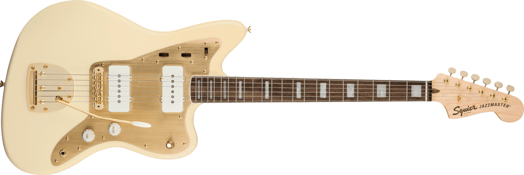 Squier 40th Anniversary Jazzmaster, Gold Edition, diapasón de laurel, golpeador anodizado dorado, blanco olímpico