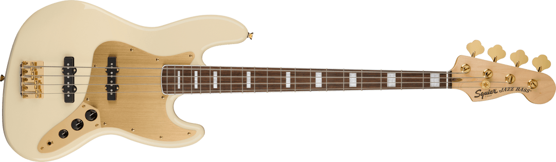 Squier 40th Anniversary Jazz Bass, edición Gold, diapasón de laurel, golpeador anodizado dorado, blanco olímpico