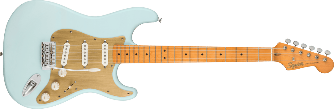 Squier Stratocaster 40th Anniversary, edición vintage, diapasón de arce, golpeador anodizado dorado, azul sónico satinado