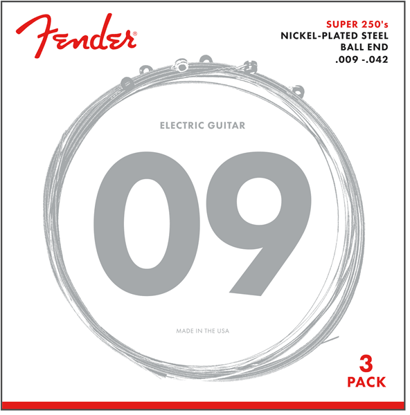 Fender 250L Super 250 Electric Guitar Strings, Nickel Plated Steel, Ball End, .009-.042, 3-Pack - A Strings