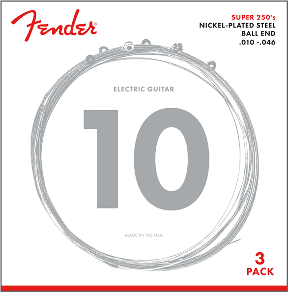 Fender 250R Super 250 Electric Guitar Strings, Nickel Plated Steel, Ball End, .010-.046, 3-Pack - A Strings