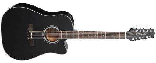 Takamine GD30CE-12-BLK Guitarra acústica de 12 cuerdas, con corte Dreadnought, tapa de abeto macizo negro brillante, fondo de caoba y pastilla TP-4TD