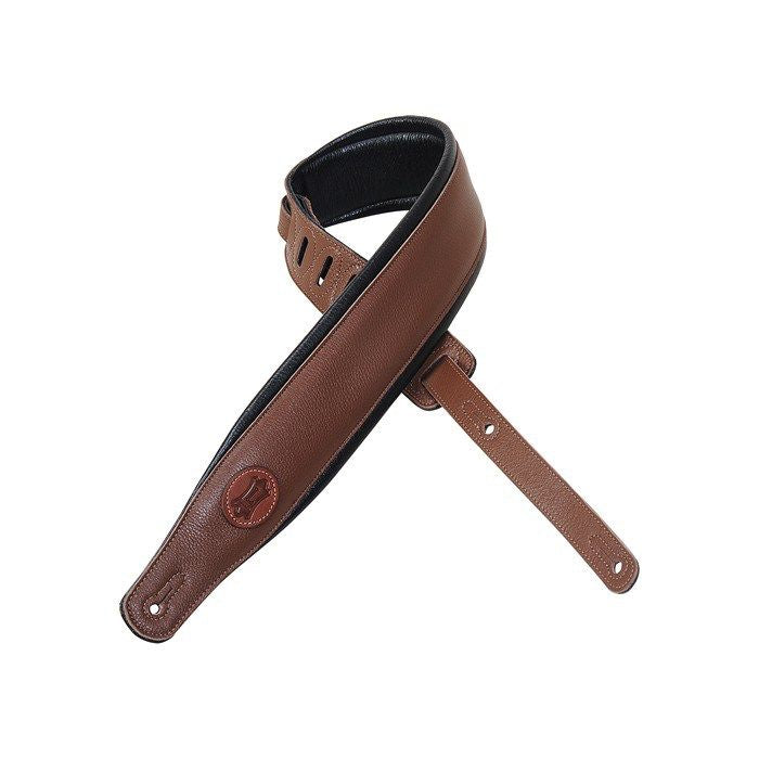 Sangle de guitare rembourrée en cuir de 2,5 pouces de Levy avec logo signature - Marron