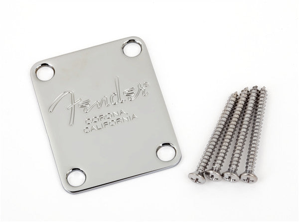 Placa de mástil Fender, 4 tornillos, bajos de la serie American, sello Fender Corona, cromado