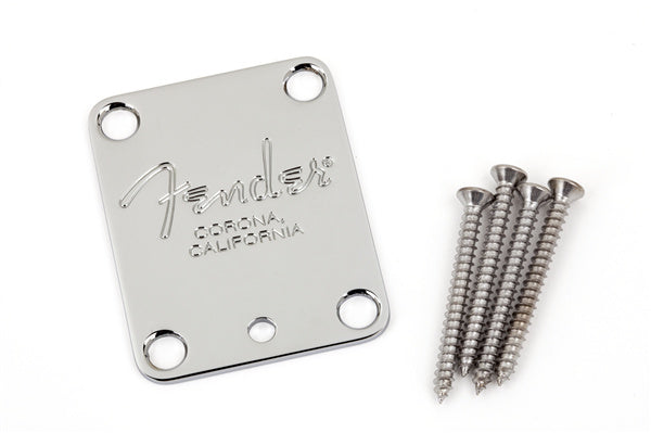 Placa de mástil Fender, 4 tornillos, guitarras de la serie American, sello Fender Corona, cromado