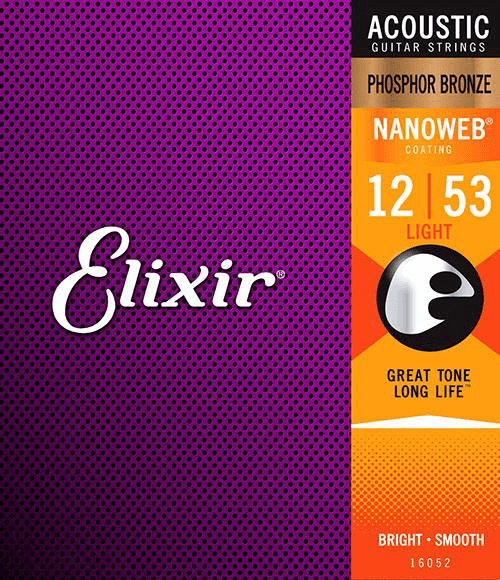 Elixir Nanoweb Coated Acoustic Guitar String Set, Phosphor Bronze, .012-.053 - A Strings