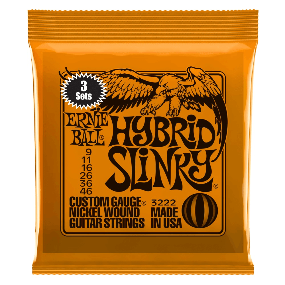 Ernie Ball 3-Pack Electric Guitar String Sets, Nickel, Hybrid Slinky .009-.046 - A Strings