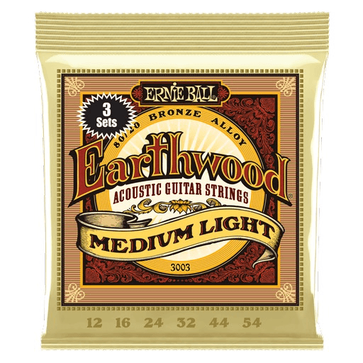 Ernie Ball 3-Pack Earthwood Acoustic Guitar String Set, 80/20 Bronze, Medium Light .012-.054 - A Strings