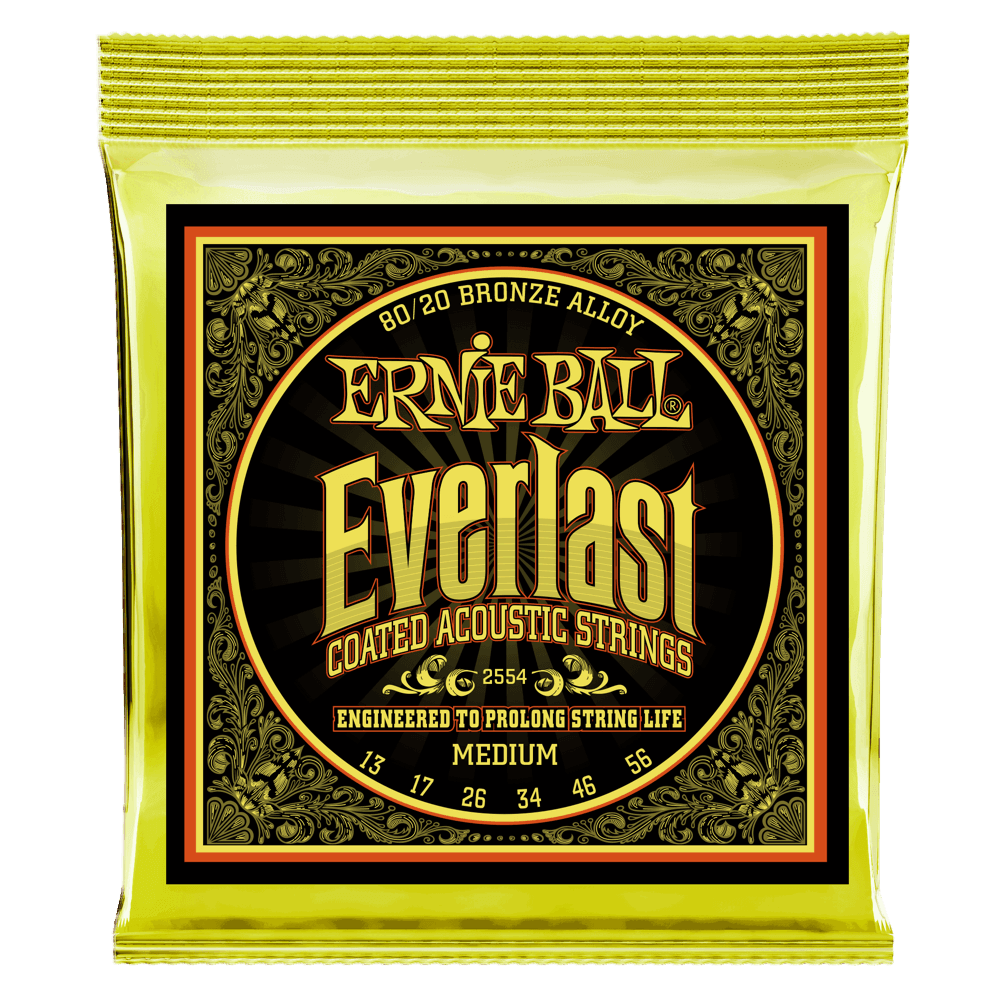 Ernie Ball Everlast Coated Acoustic Guitar String Set, 80/20 Bronze, Medium .013-.056 - A Strings