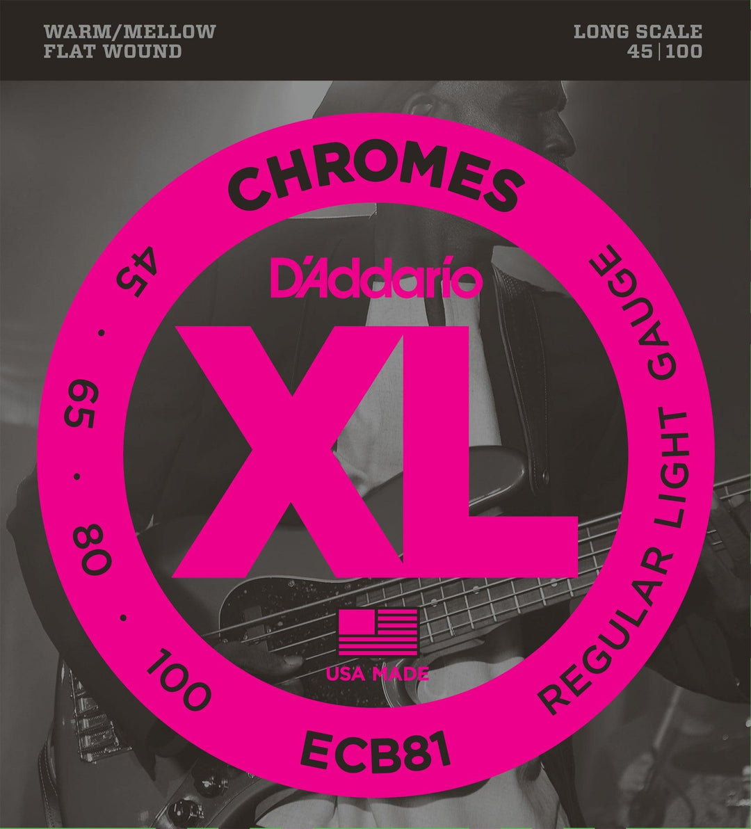 D'Addario Chromes Bass Guitar String Set, Flatwound, ECB81 Regular Light .045-.100 Long Scale - A Strings