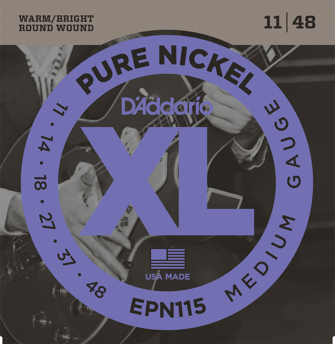 D'Addario XL Pure Nickel Electric Guitar String Set, EPN115 Blues/Jazz Rock .011-.048 - A Strings