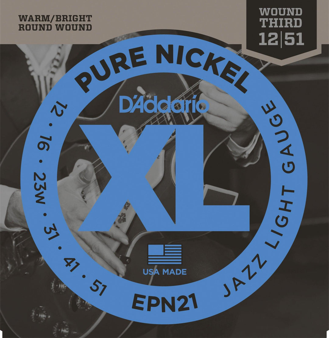 D'Addario XL Pure Nickel Electric Guitar String Set, EPN21 Jazz Light .012-.051 - A Strings