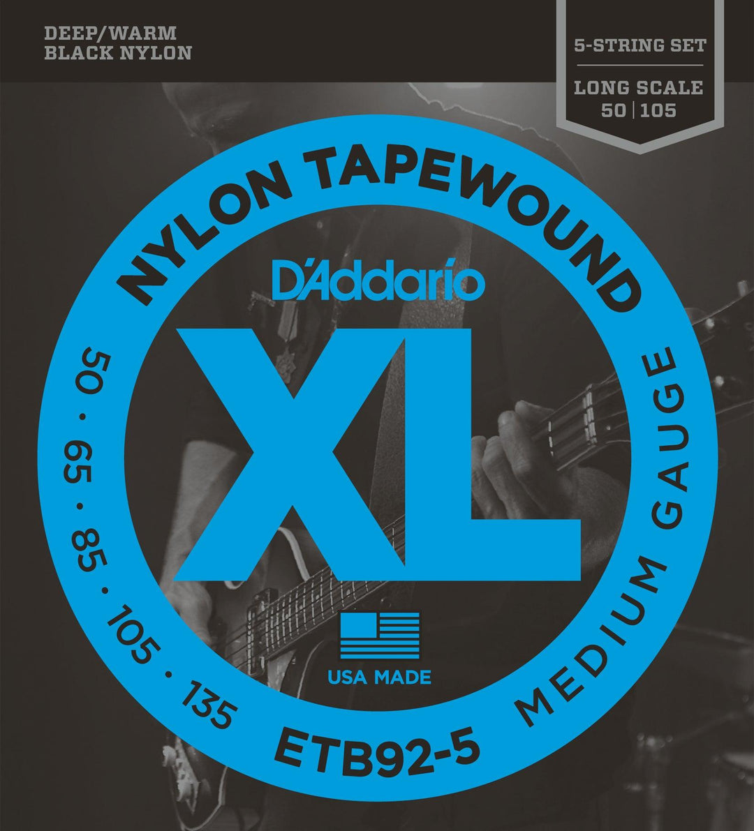 D'Addario Black Nylon Tapewound 5-String Bass Guitar String Set, Flatwound, ETB92-5 Medium .050-.135 - A Strings
