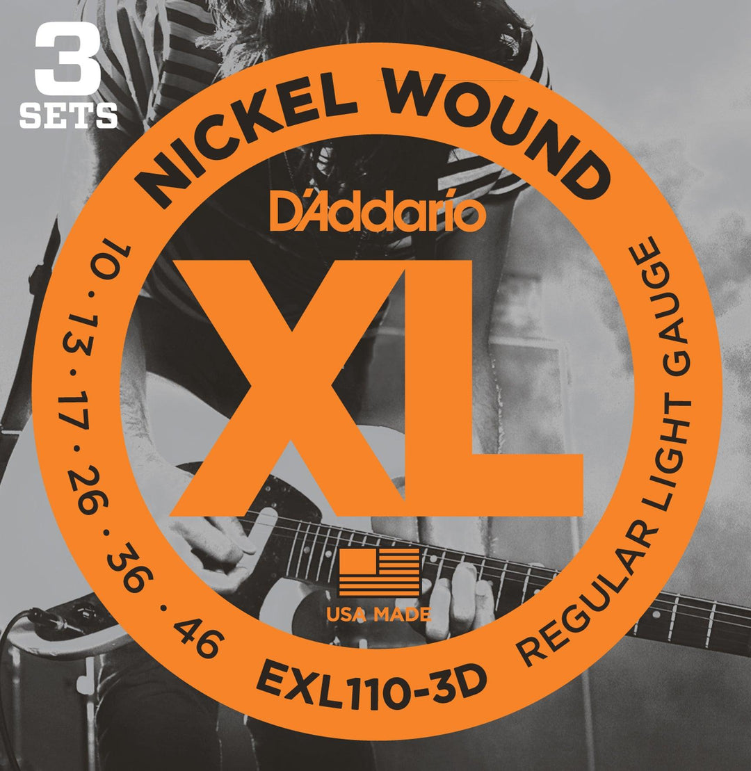 D'Addario XL 3-Pack Electric Guitar String Sets, Nickel, EXL110-3D Regular Light .010-.046 - A Strings