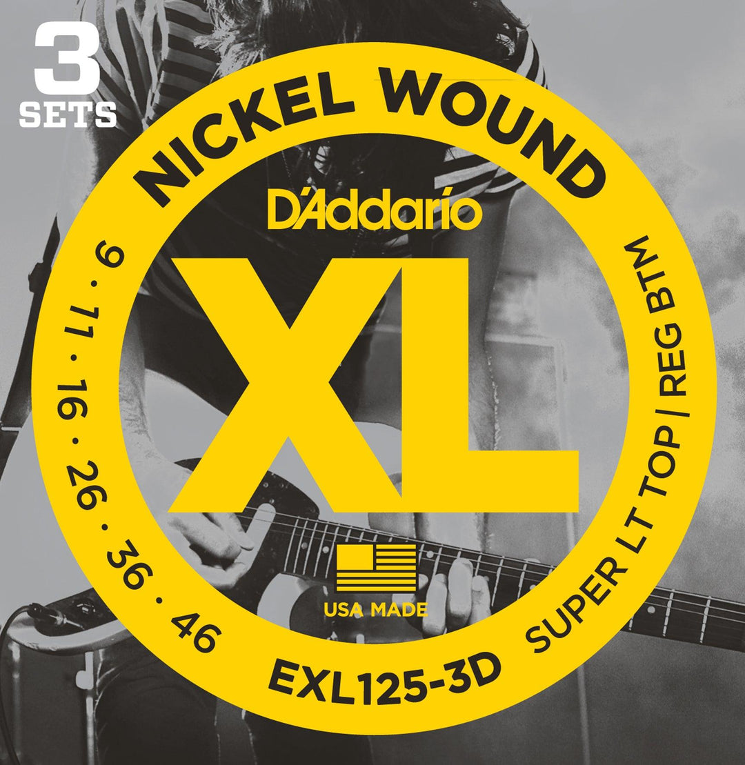D'Addario XL 3-Pack Electric Guitar String Sets, Nickel, EXL125-3D Super Light Top/ Regular Bottom .009-.046 - A Strings