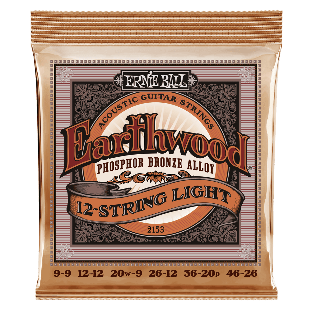 Ernie Ball Earthwood Acoustic Guitar 12-String Set, Phosphor Bronze, Light .009-.026 - A Strings