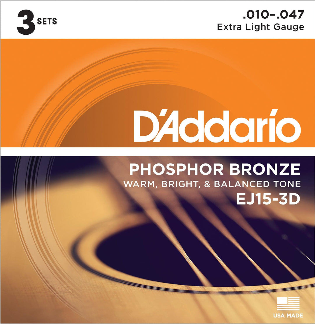 D'Addario Acoustic String Set Multipacks, Phosphor Bronze, EJ15-3D Extra Light .010-.047 - 3 Sets - A Strings
