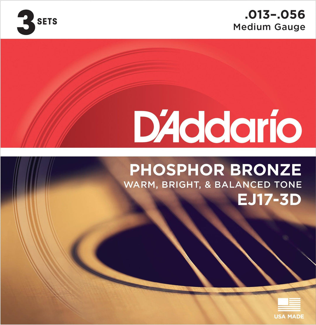 D'Addario Acoustic String Set Multipacks, Phosphor Bronze, EJ17-3D Medium .013-.056 - 3 Sets - A Strings
