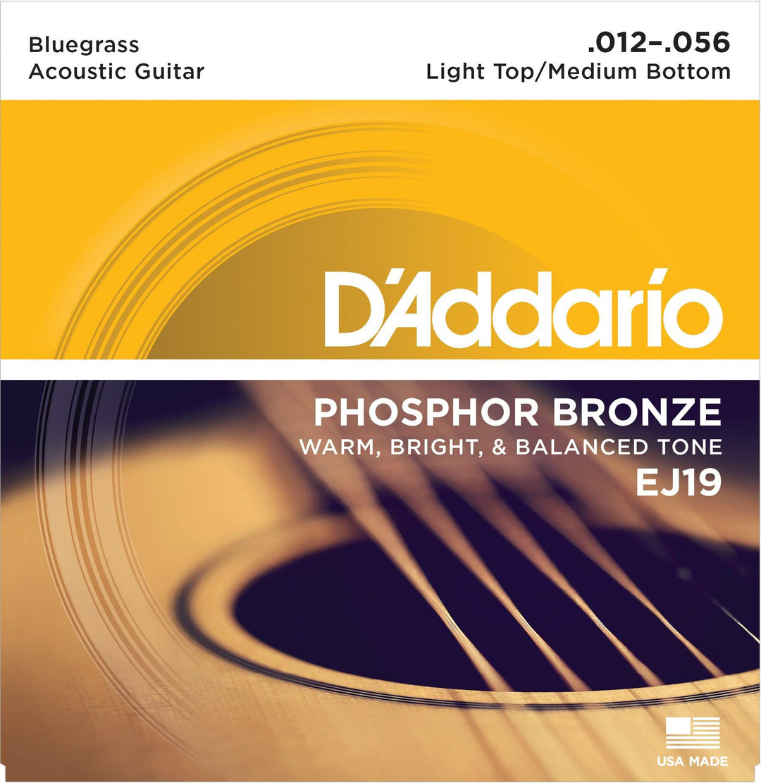 D'Addario Acoustic String Set, Phosphor Bronze, EJ19 Bluegrass Light Top/Medium Bottom .012-.056 - A Strings