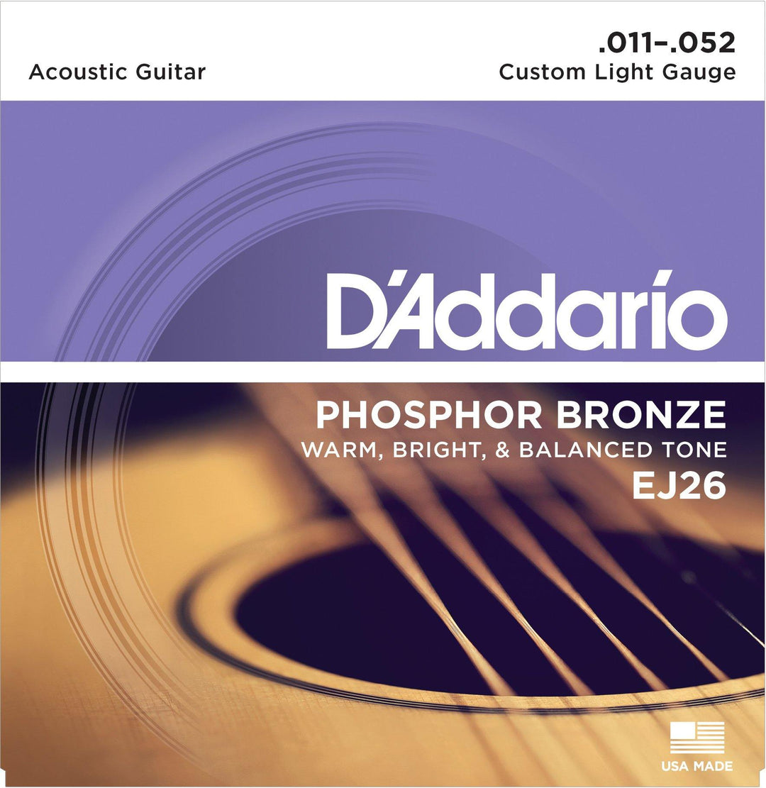 D'Addario Acoustic String Set, Phosphor Bronze, EJ26 Custom Light .011-.052 - A Strings