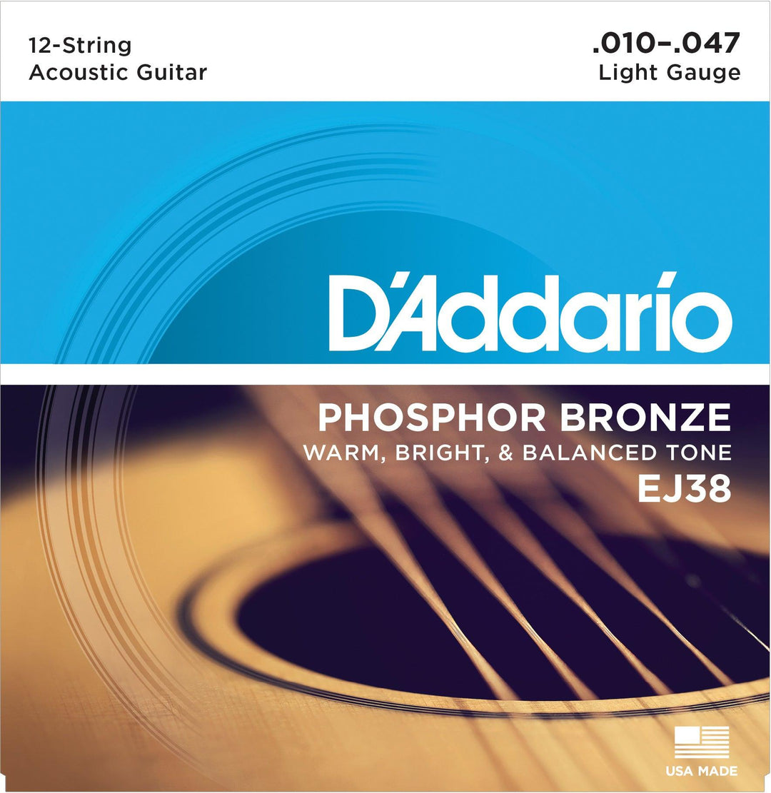 D'Addario 12-String Guitar String Set, Phosphor Bronze, EJ38 Light .010-.047 - A Strings