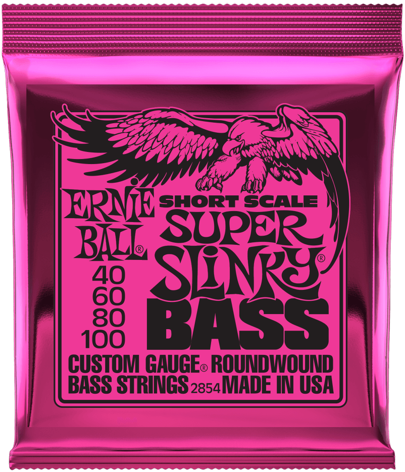 Ernie Ball Bass Guitar String Set, Nickel, Short Scale, Super Slinky .040-.100 - A Strings