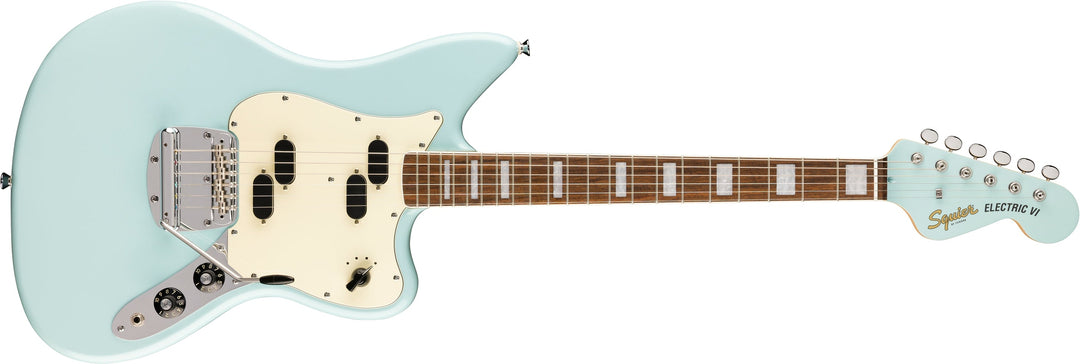 Squier Paranormal Electric VI, Laurel Fingerboard, Parchment Pickguard, Matching Headstock, Daphne Blue