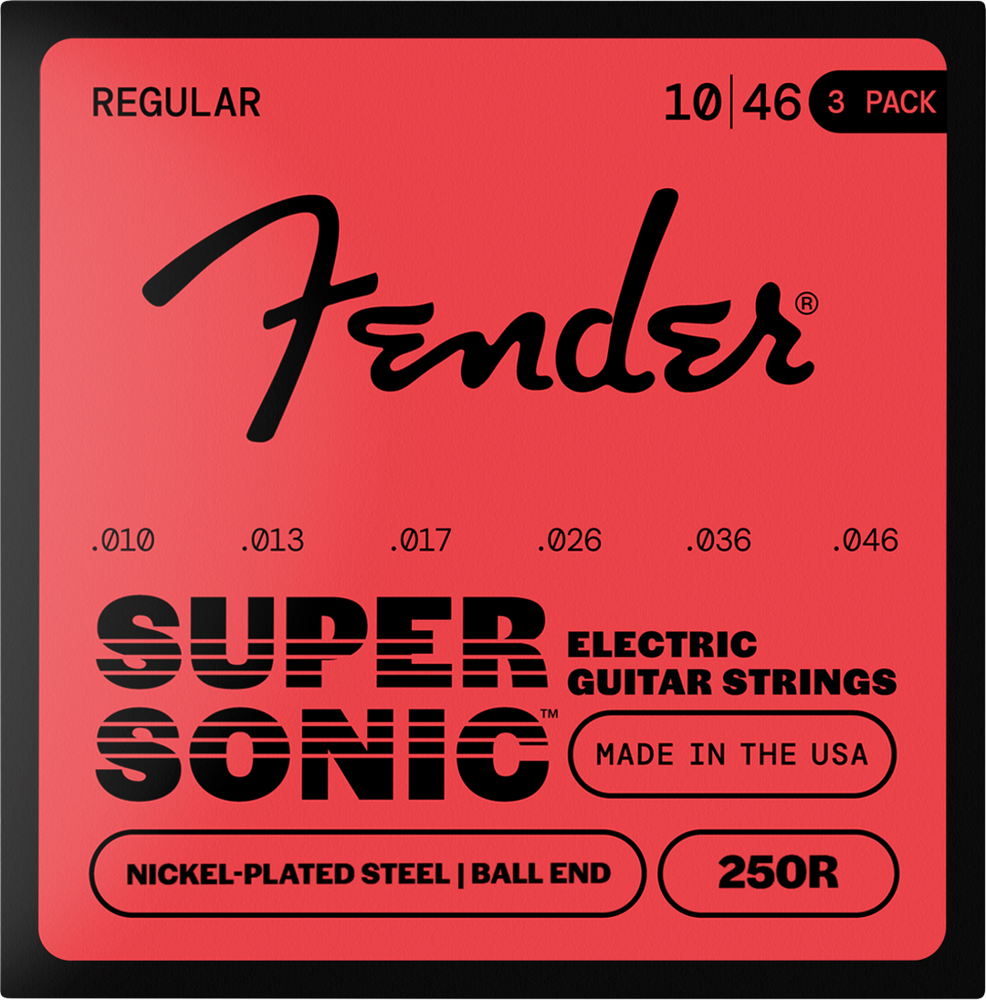 Cuerdas para guitarra eléctrica Fender 250R Super 250, acero niquelado, extremo de bola, .010-.046, paquete de 3