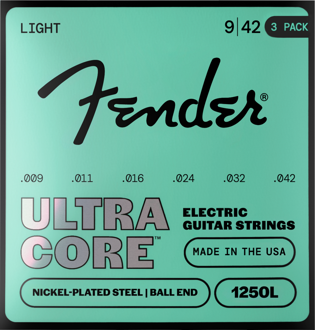 Fender 1250 Ultracore Guitar Strings, Nickel Plated Steel, Ball End, 1250L Gauges .009-.042, (6) 3-Pack
