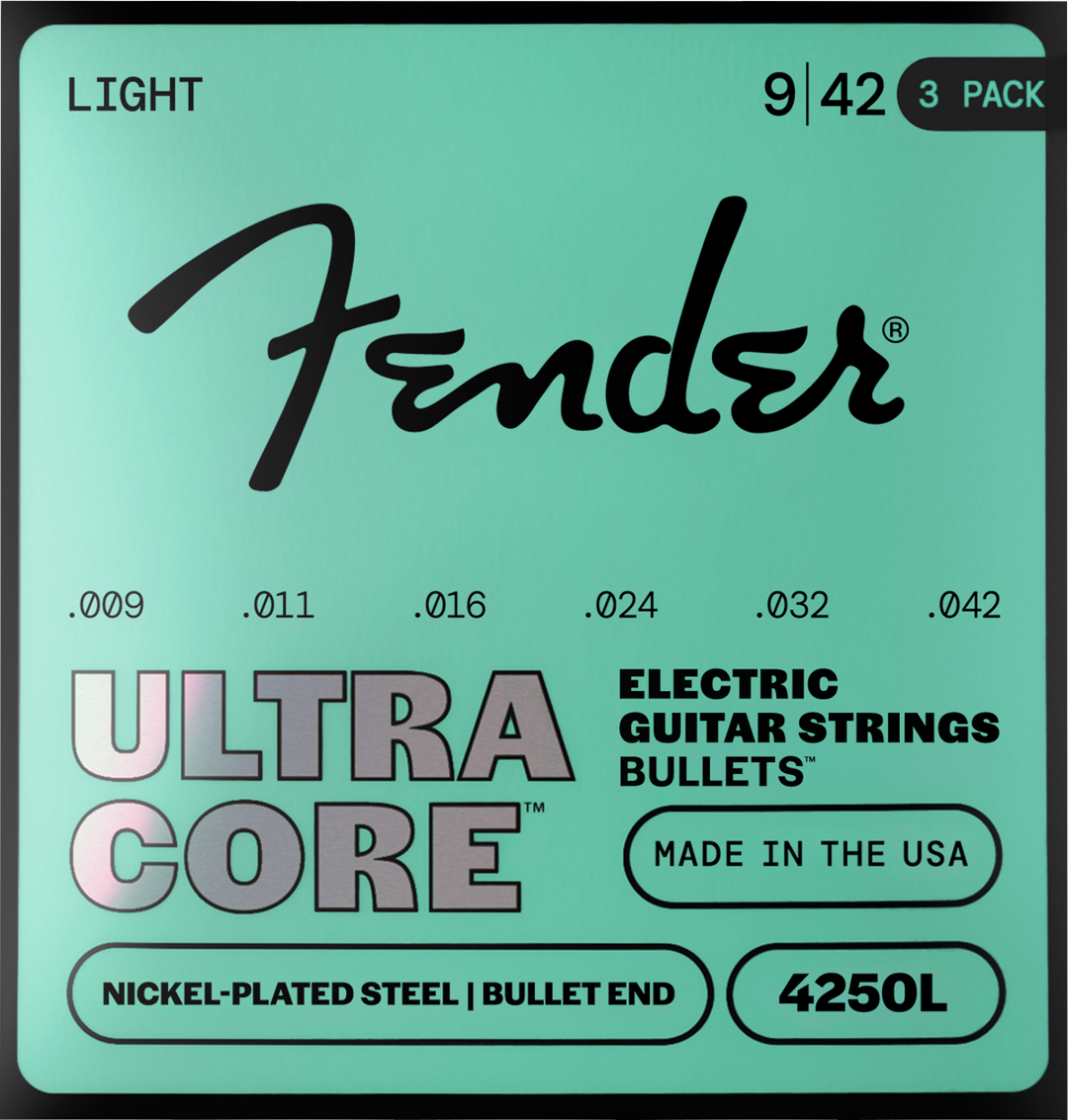 Fender 4250 Ultracore Guitar Strings, Nickel Plated Steel, Bullet End, 4250L Gauges .009-.042, (6) 3-Pack