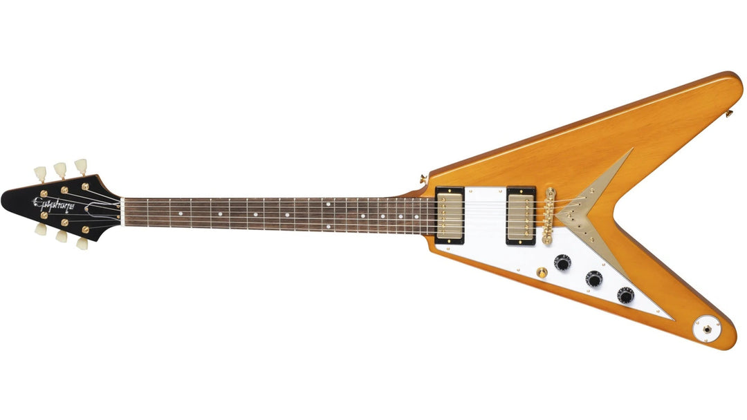 Epiphone inspiré par Gibson 1958 Korina Flying V (Pickguard blanc), naturel vieilli