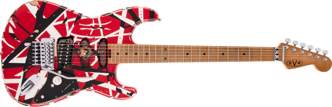 EVH Striped Series Frankenstein Frankie, Maple Fingerboard, Red with Black Stripes, Aged