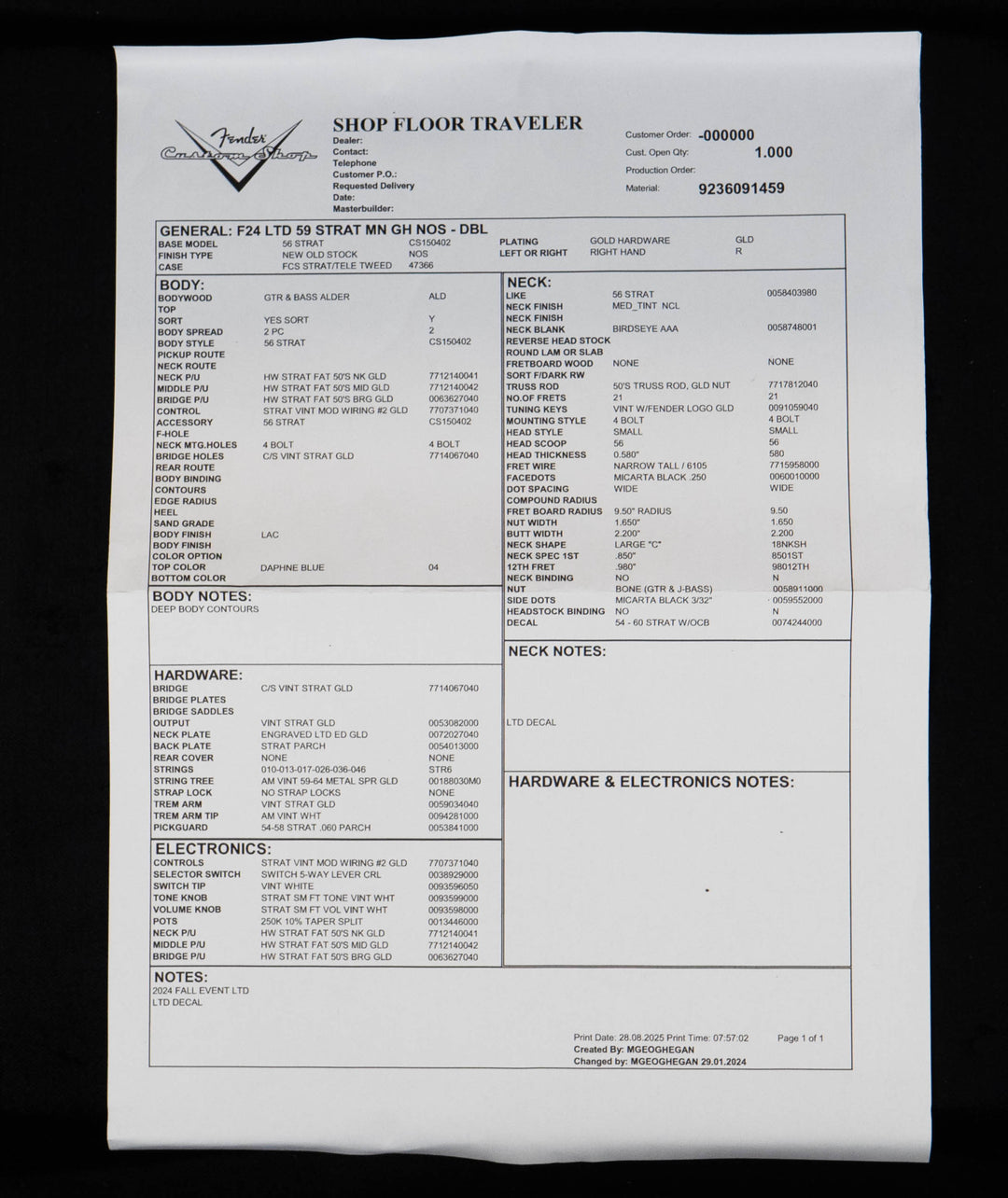 Fender Custom Shop Limited Edition '59 Reissue Stratocaster NOS, Birdseye Maple Fingerboard, Daphne Blue