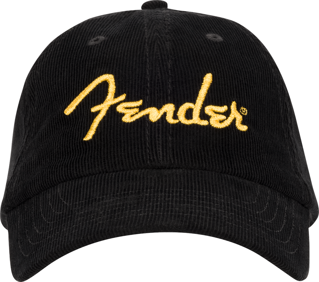 Gorra de béisbol de pana con logo de espagueti dorado de Fender 