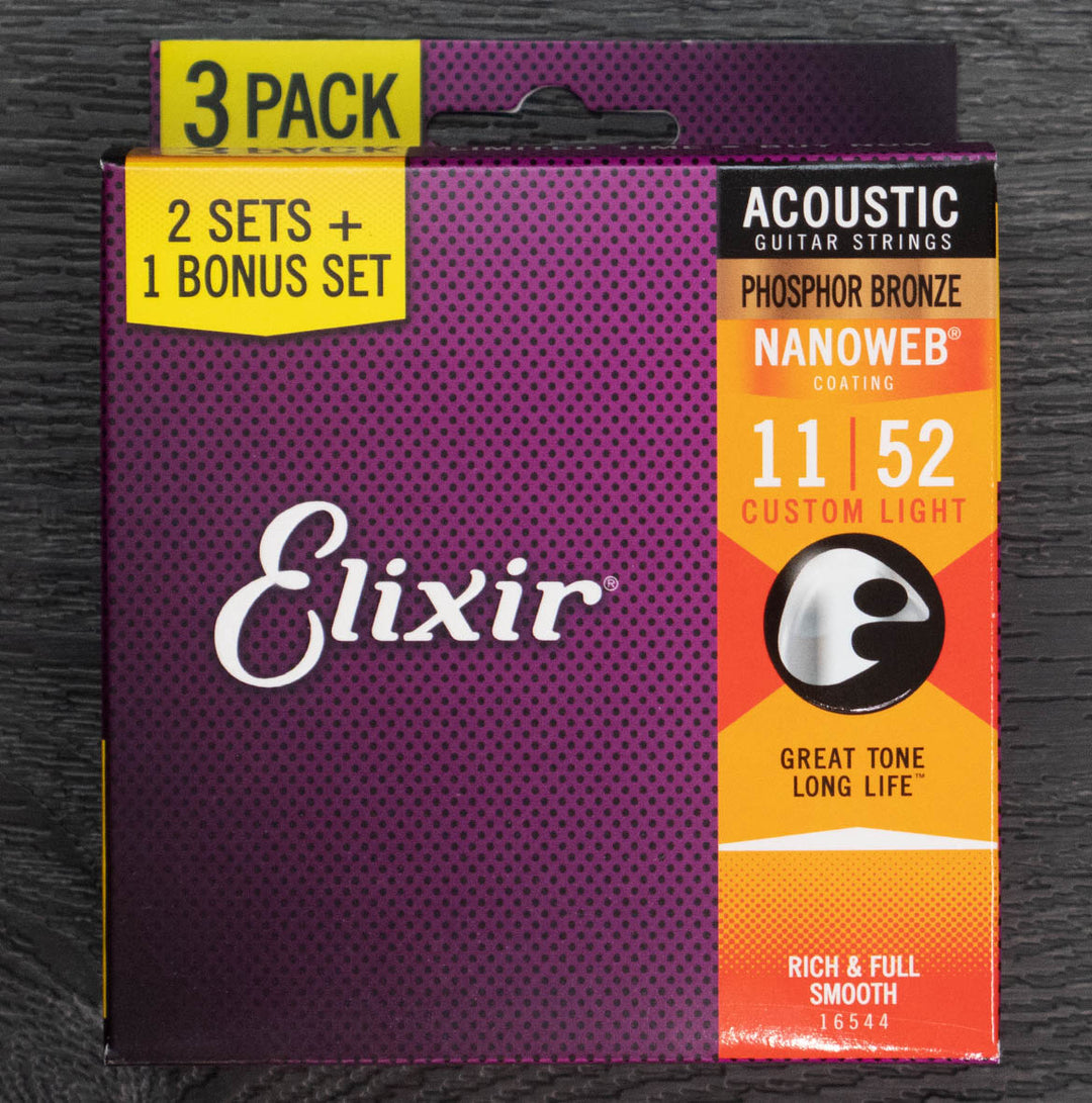 Elixir 3-Pack Nanoweb Coated Acoustic Guitar String Set, Phosphor Bronze, .011-.052