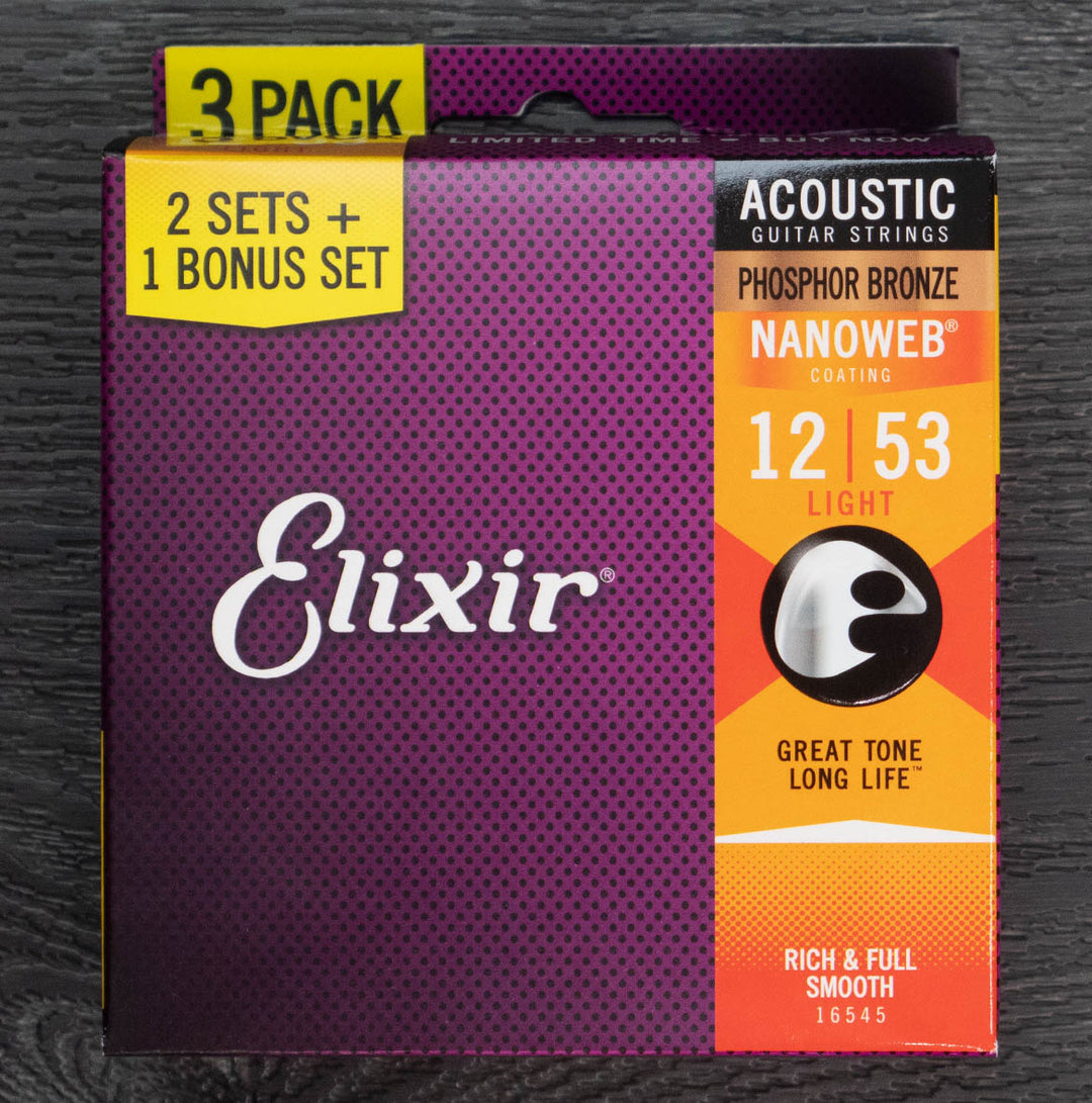 Elixir 3-Pack Nanoweb Coated Acoustic Guitar String Set, Phosphor Bronze, .012-.053