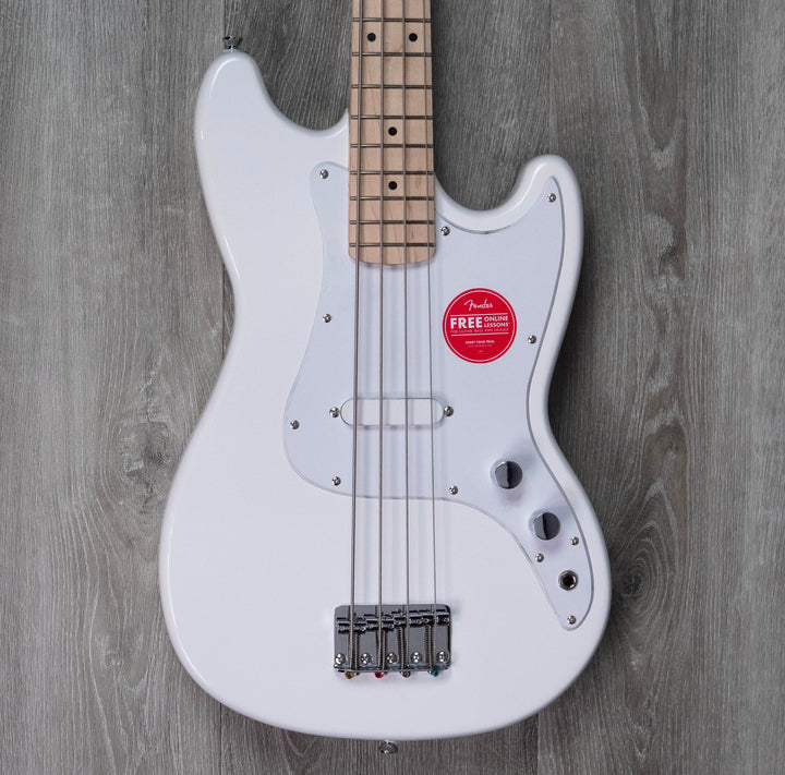 Basse Squier Sonic Bronco, touche en érable, pickguard blanc, blanc arctique