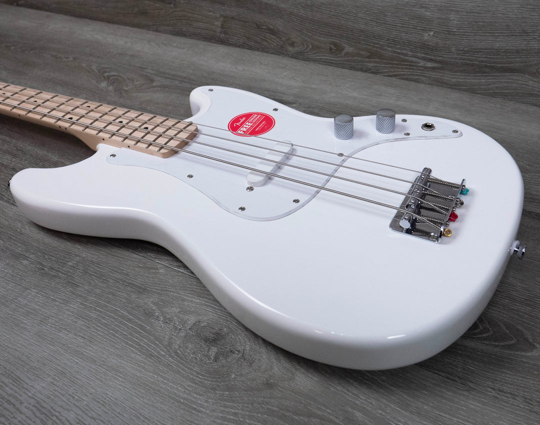 Basse Squier Sonic Bronco, touche en érable, pickguard blanc, blanc arctique