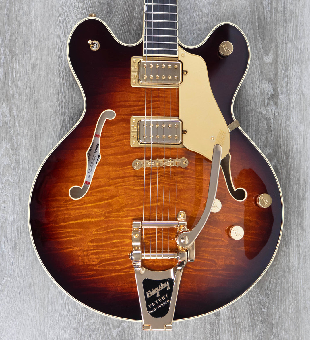 Gretsch Professional Broadkaster LX Figured Center Block with String-Thru Bigsby and Gold Hardware, Ebony Fingerboard, Havana Burst