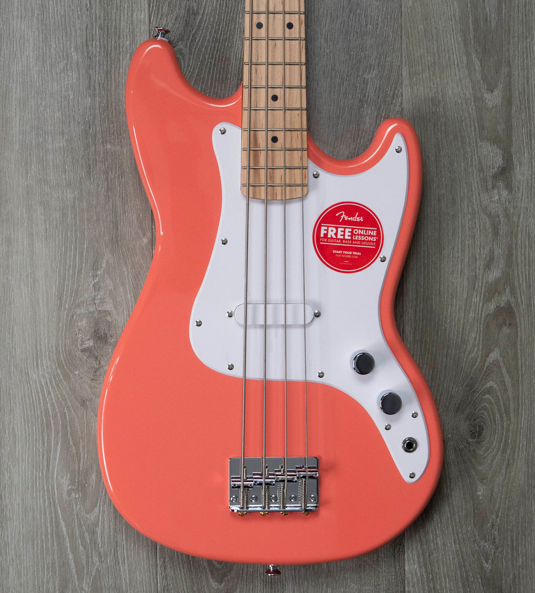 Basse Squier Sonic Bronco, touche en érable, pickguard blanc, corail de Tahiti