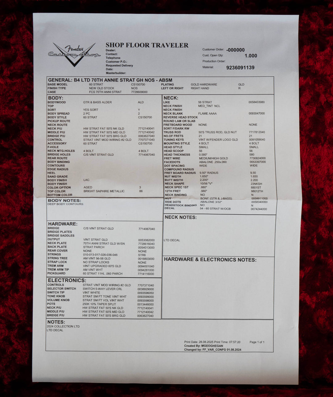 Fender Custom Shop Ltd Edition 70th Anniversary Stratocaster, NOS, Aged Bright Sapphire Metallic