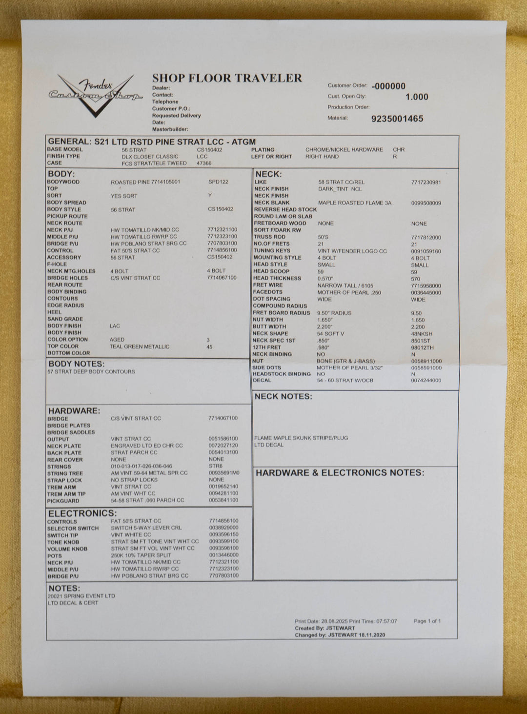 Fender Custom Shop Limited Edition Roasted Pine '56 Stratocaster, 3A Roasted Maple Neck, Deluxe Closet Classic, Teal Green Metallic